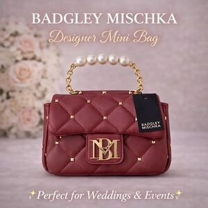 Badgley Mischka Wine Red Mini Bag Pearl Handle Crossbody Clutch Evening Wedding